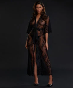 Long Kimono Allover Lace - Noir
