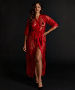Long Kimono Allover Lace - Rouge